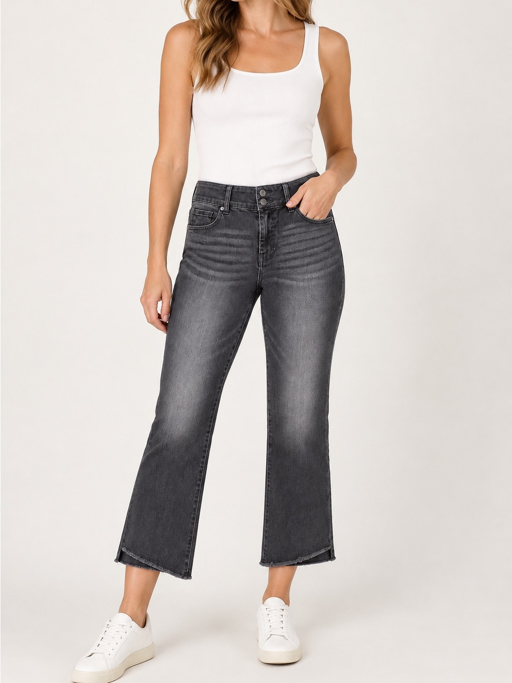 Cabi Hi-Low Crop Jeans Faded Black Raw Hem High Rise Size 6